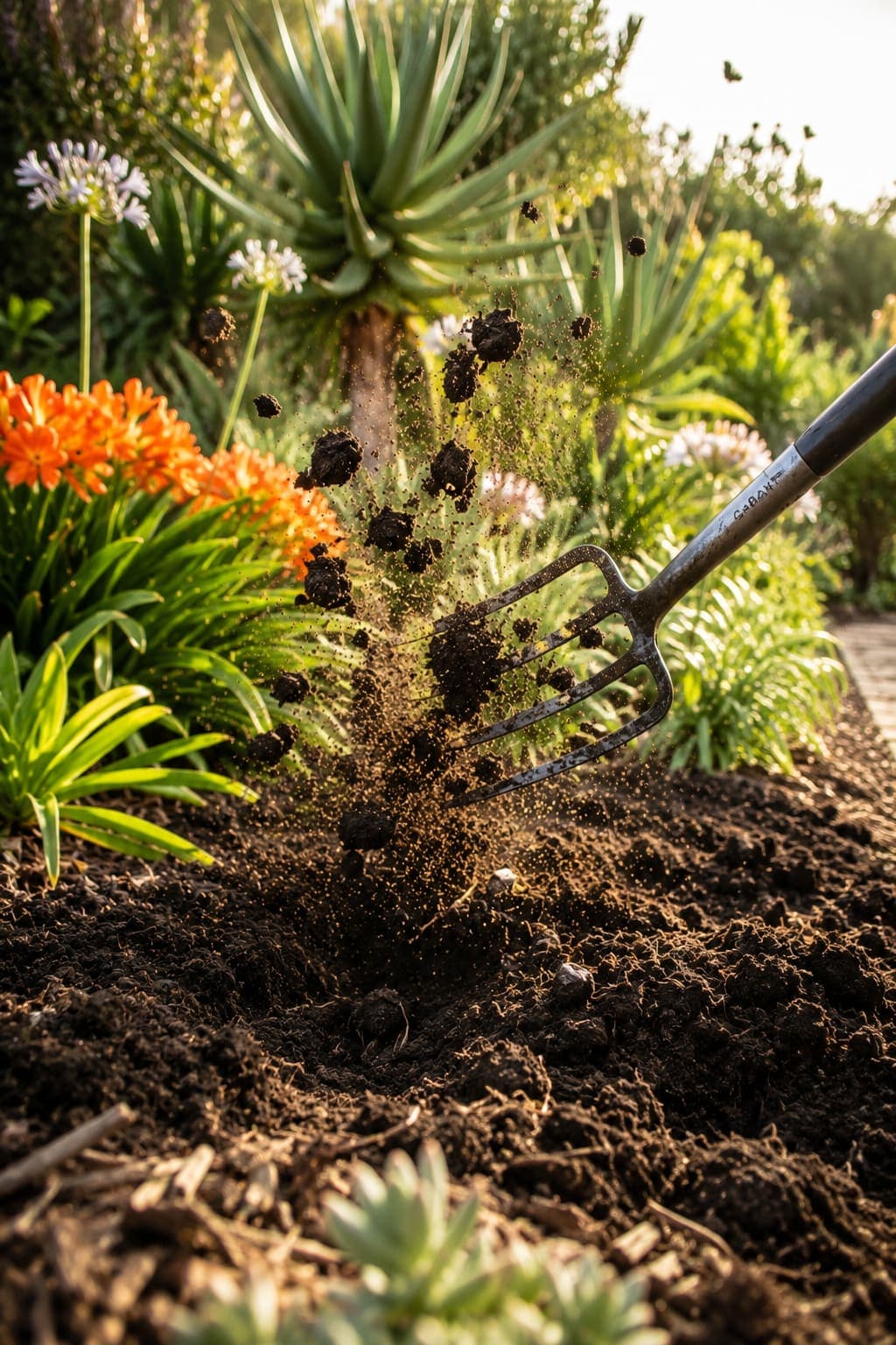 A garden fork turning soil in a flower bed of aloes, agapanthus and clivia