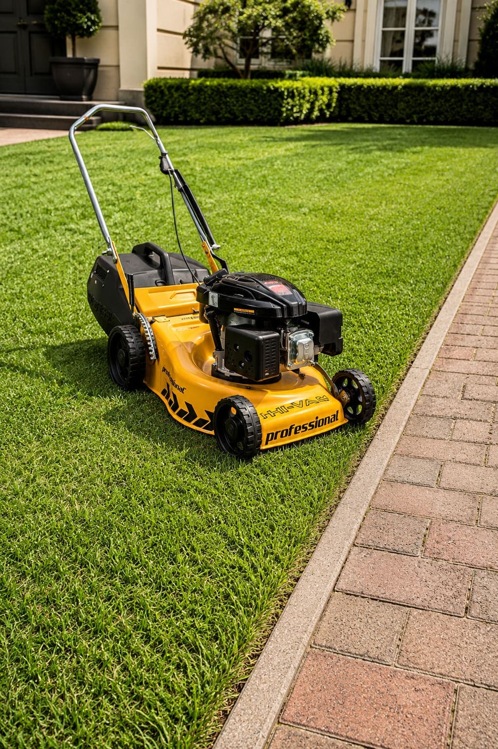 A professional lawn mower on a freshly mowed lawn beside a crisp paved edge