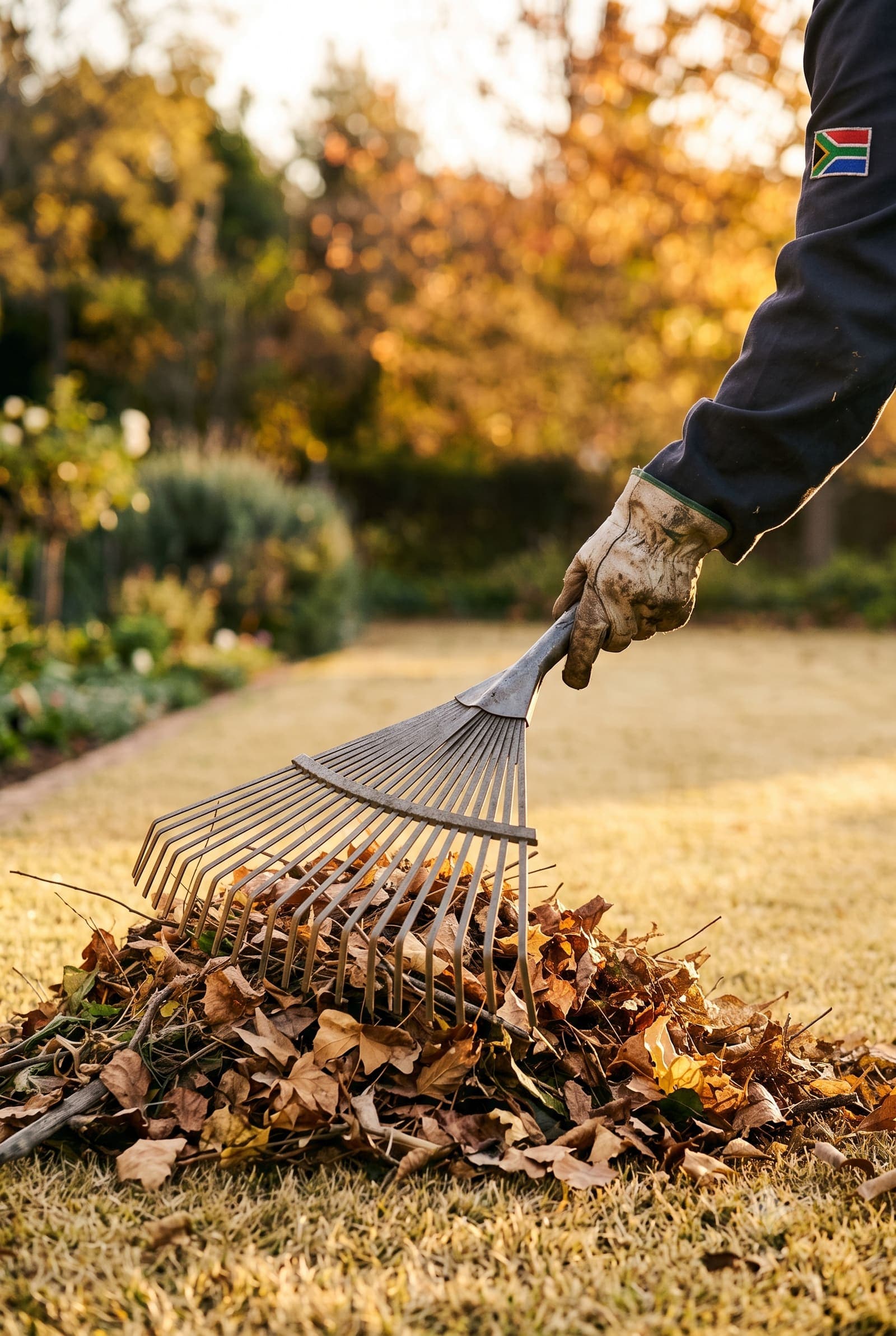 A gardener raking a pile of fallen autumn leaves from a lawn